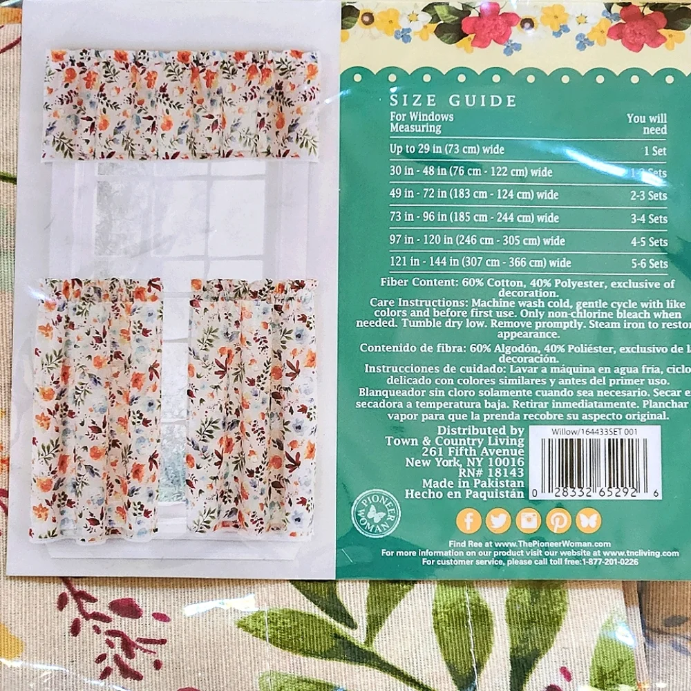NEW The Pioneer Woman “Willow” 3-Piece Kitchen Curtain Set Valance & 2 Tiers
